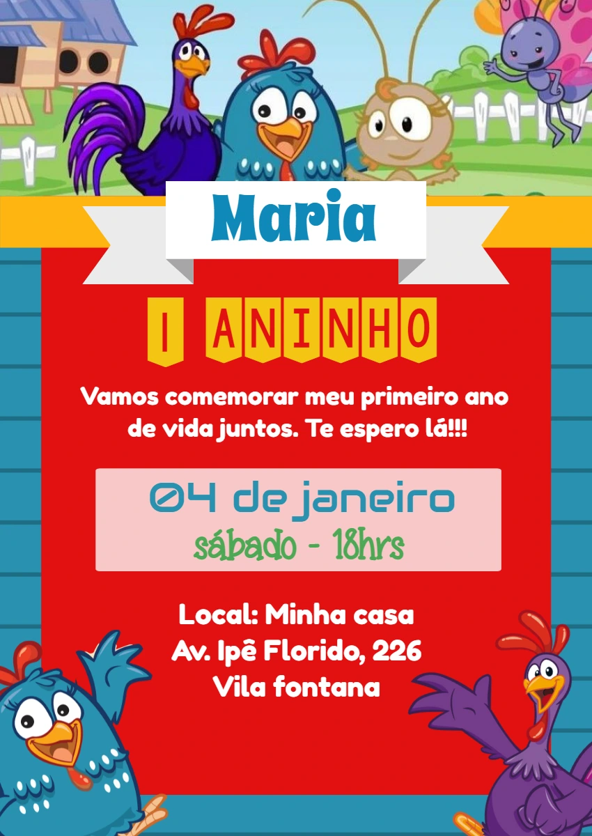 Convite de Aniversário Galinha Pintadinha para Editar Online
