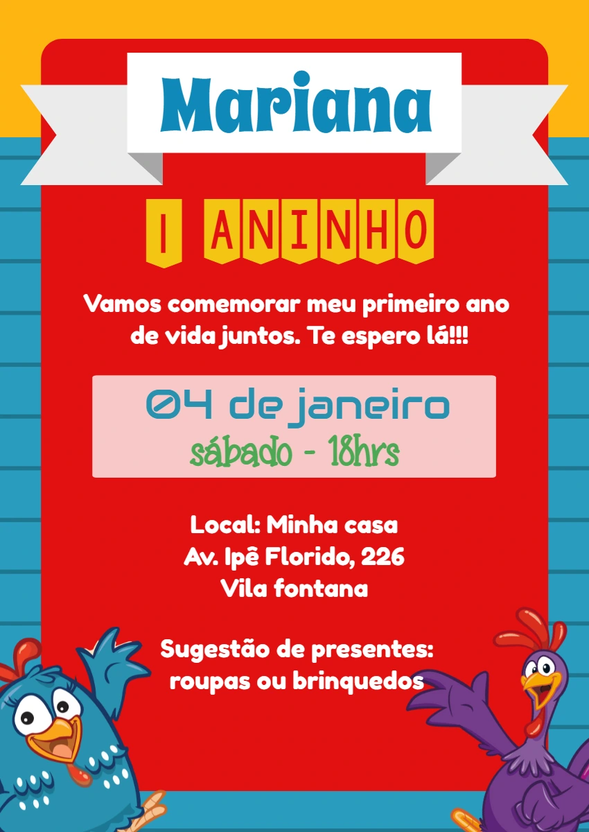 Convite de Aniversário Galinha Pintadinha para Editar Online