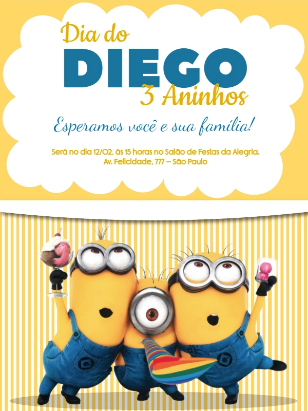 Convite de Aniversário Minions para Editar Online