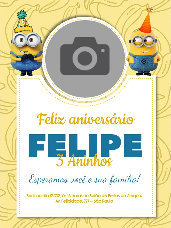 Convite de Aniversário Minions com Foto para Editar Online
