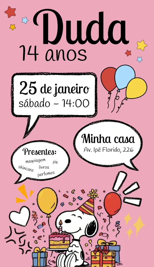 Convite de Aniversário Snoopy Peanuts para Editar Online