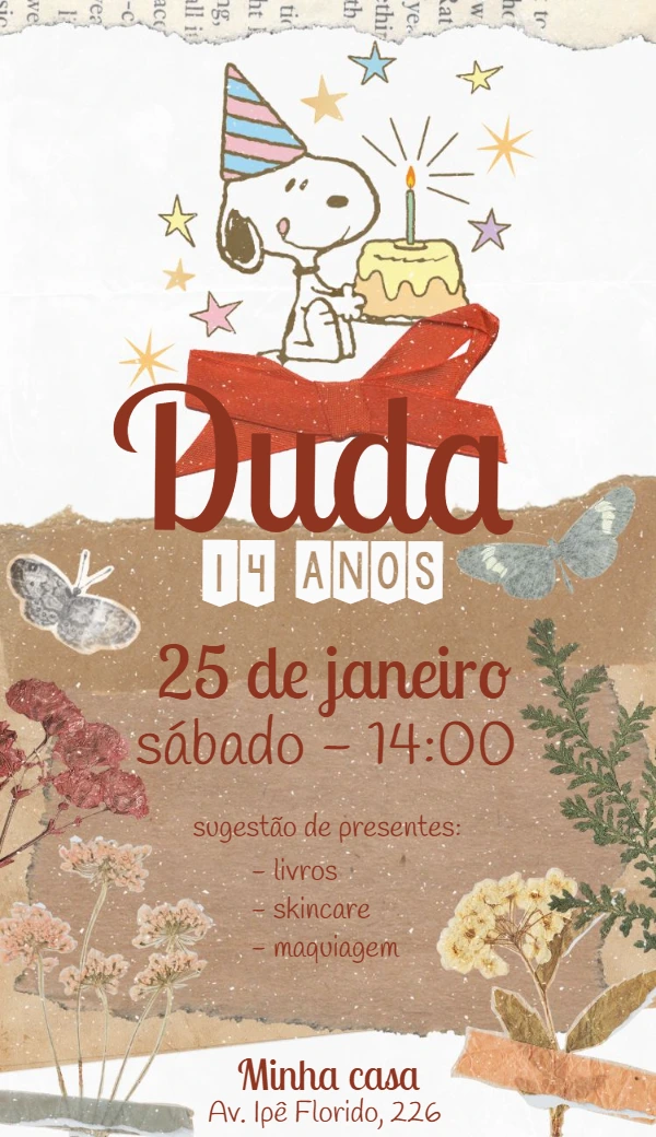 Convite Aniversário Snoopy Scrapbook para Editar Online