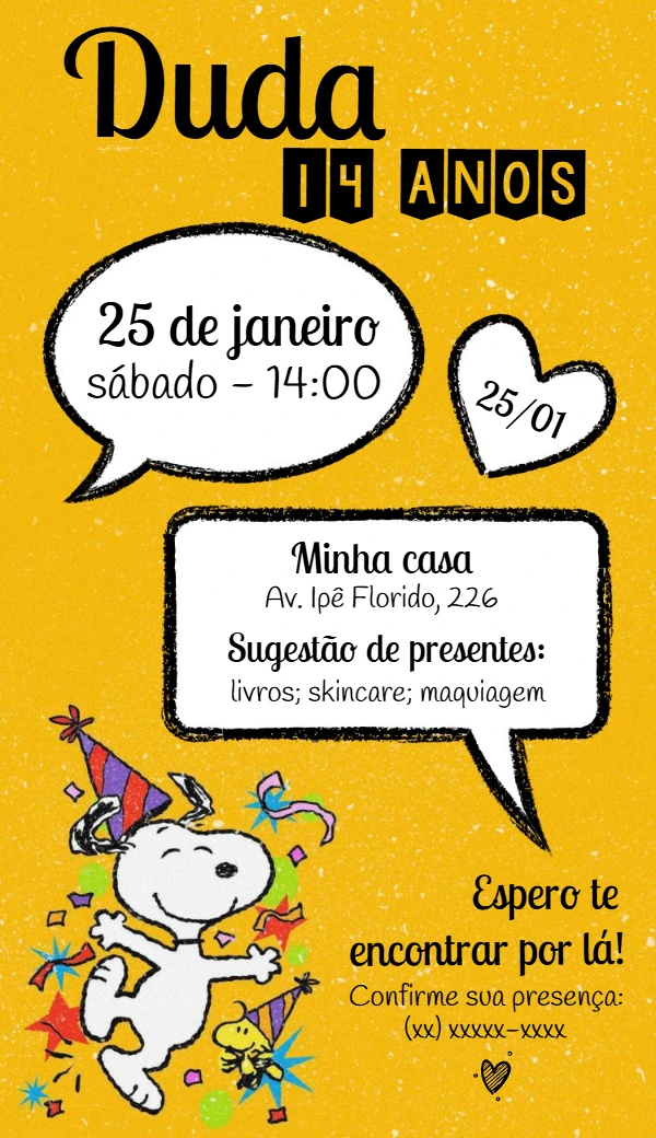 Convite de Aniversário Snoopy para Editar Online