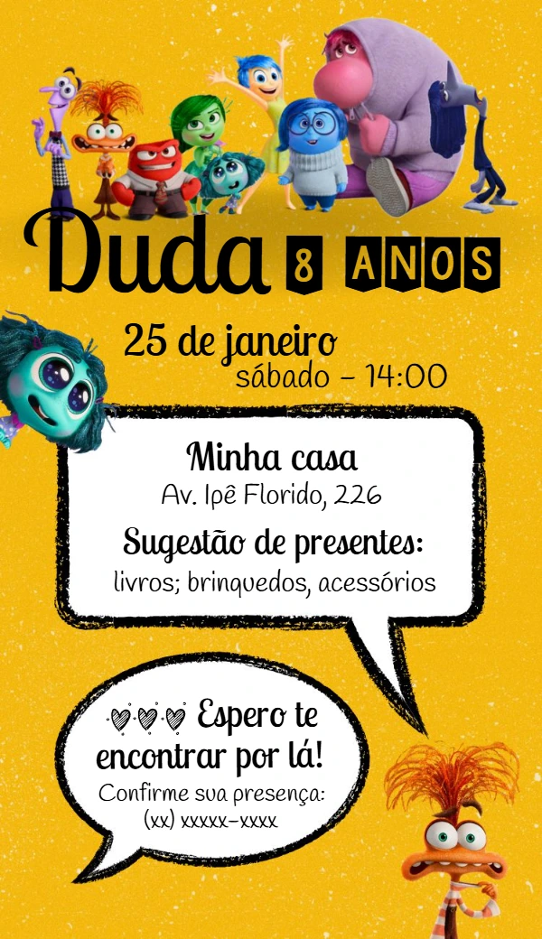 Convite Aniversário Divertida Mente 2 com Personagens para Editar