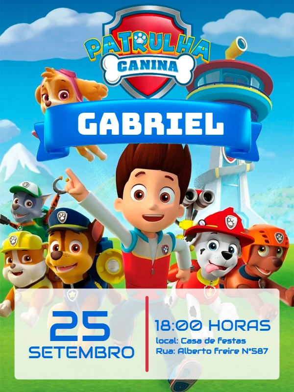 Convite Aniversário Patrulha Canina com Personagens para Editar