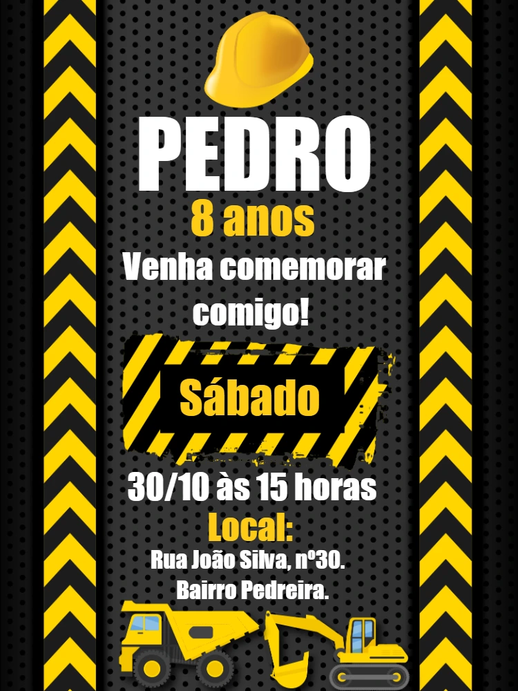 Convite Aniversário Construção com Máquinas para Editar Online