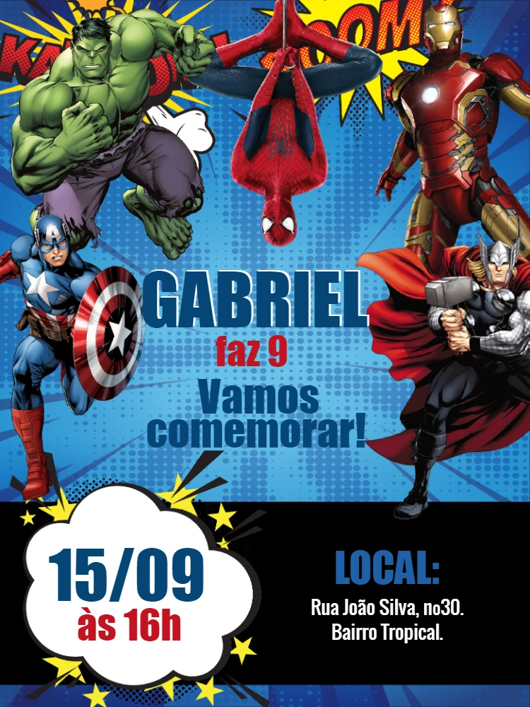 Convite de Aniversário Vingadores com Heróis para Editar Online