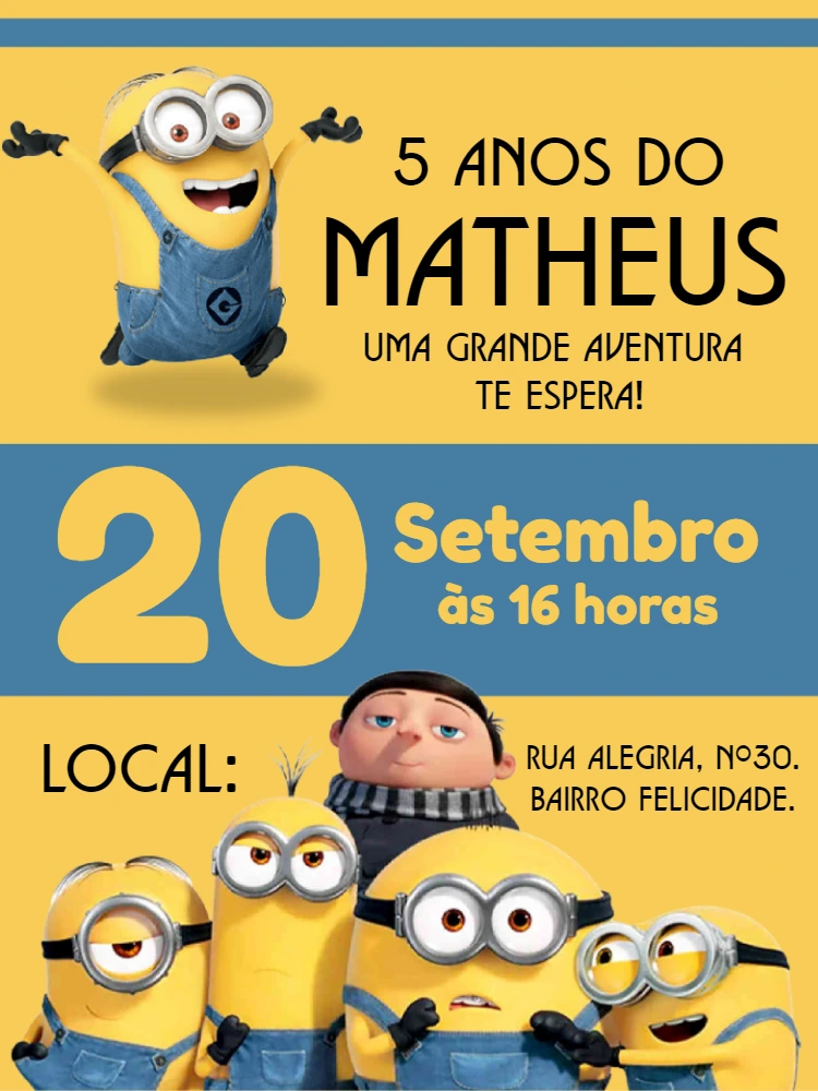 Convite de Aniversário Minions com Personagens para Editar Online