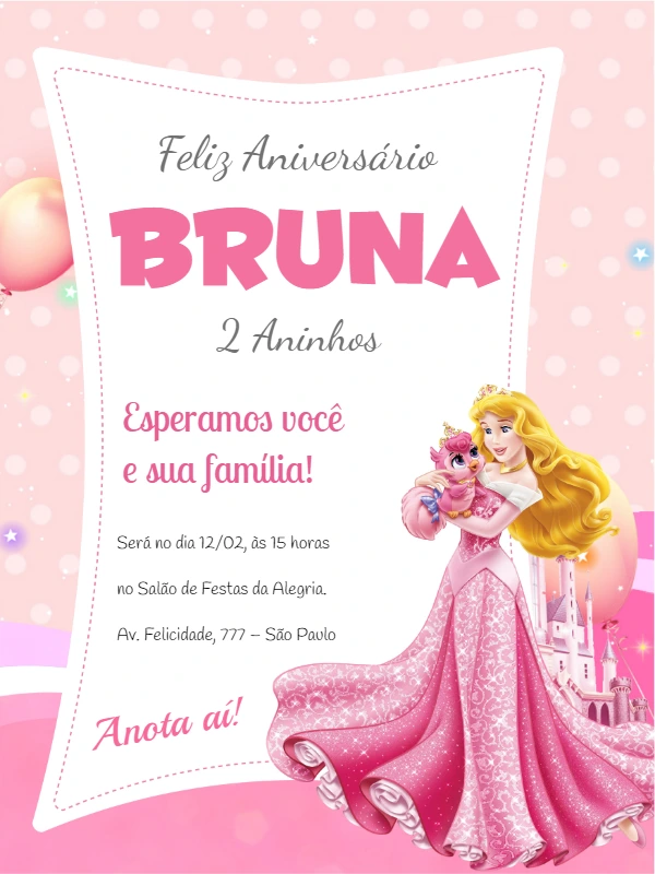 Convite Aniversário Bela Adormecida para Editar Online