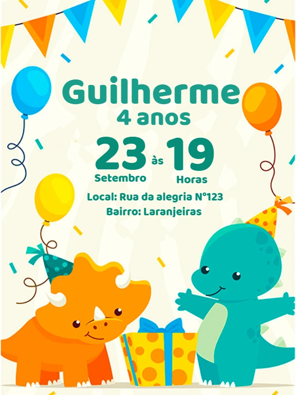 Convite de Aniversário Dinossauros Fofos para Editar Online