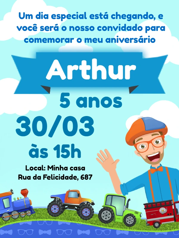 Convite Aniversário Blippi com Veículos para Editar Online