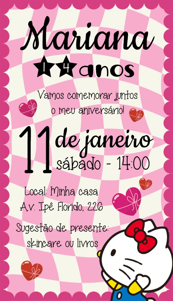 Convite de Aniversário Hello Kitty Rosa para Editar Online