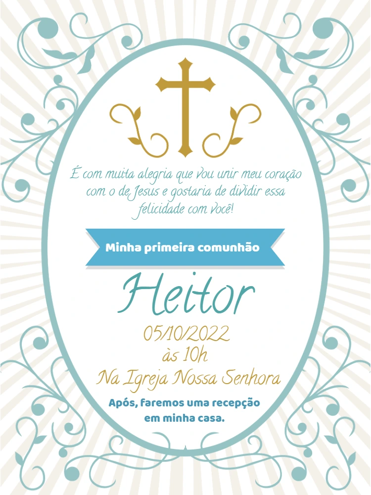 Convite Primeira Comunhão Menino Azul e Dourado para Editar
