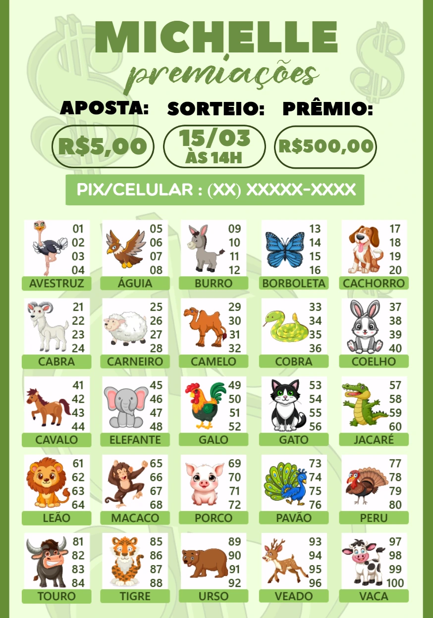 Rifa Jogo do Bicho com Animais para Editar e Imprimir