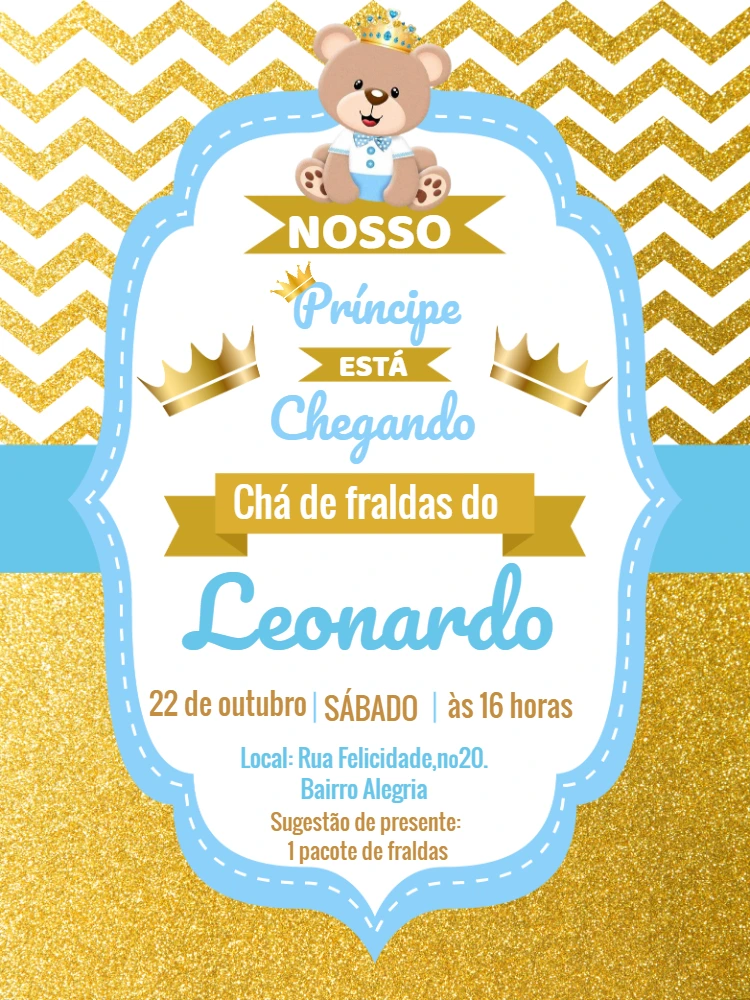 Convite Chá de Fraldas Ursinho Príncipe para Editar Online