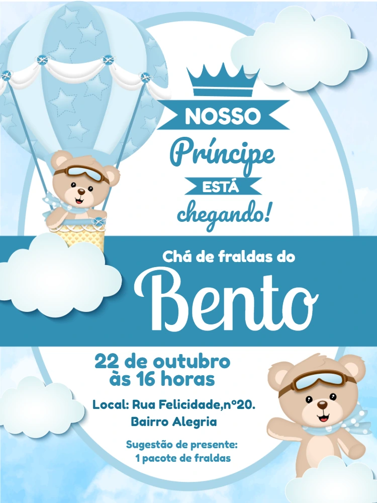 Convite Chá de Bebê Ursinho Baloeiro para Editar Online
