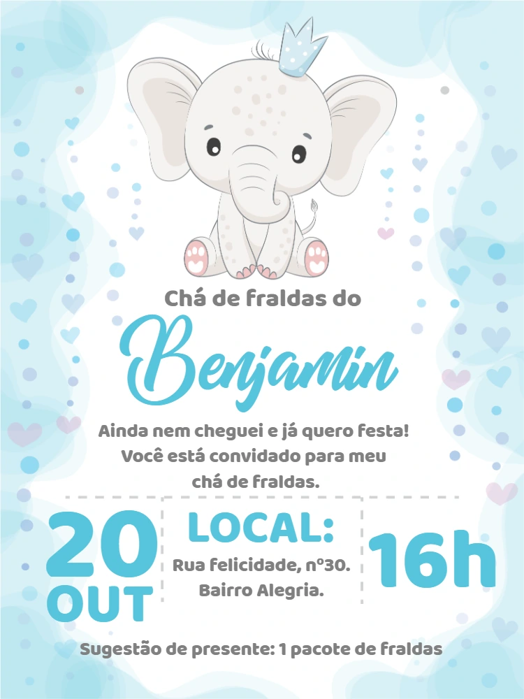 Convite Chá de Fraldas Elefantinho Azul para Editar Online