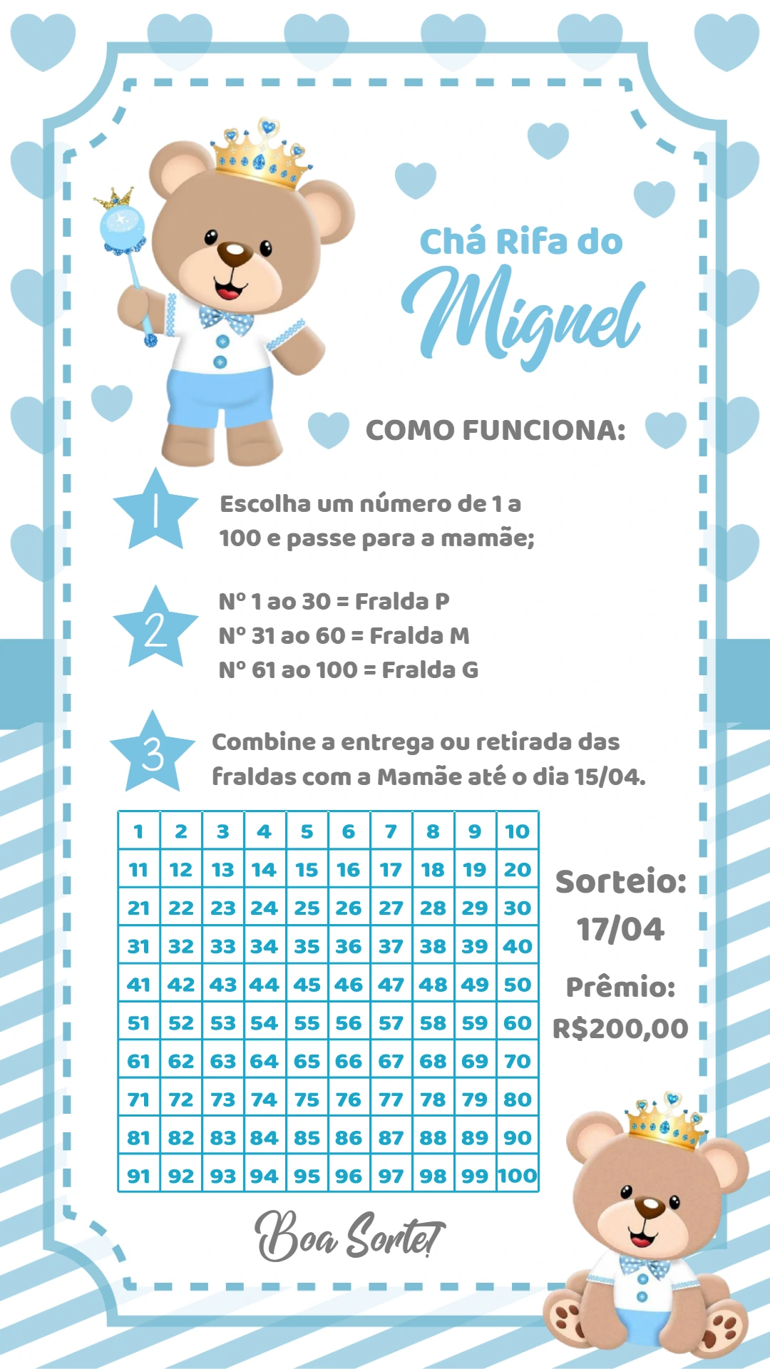 Chá Rifa Ursinho Príncipe Azul para Editar Online