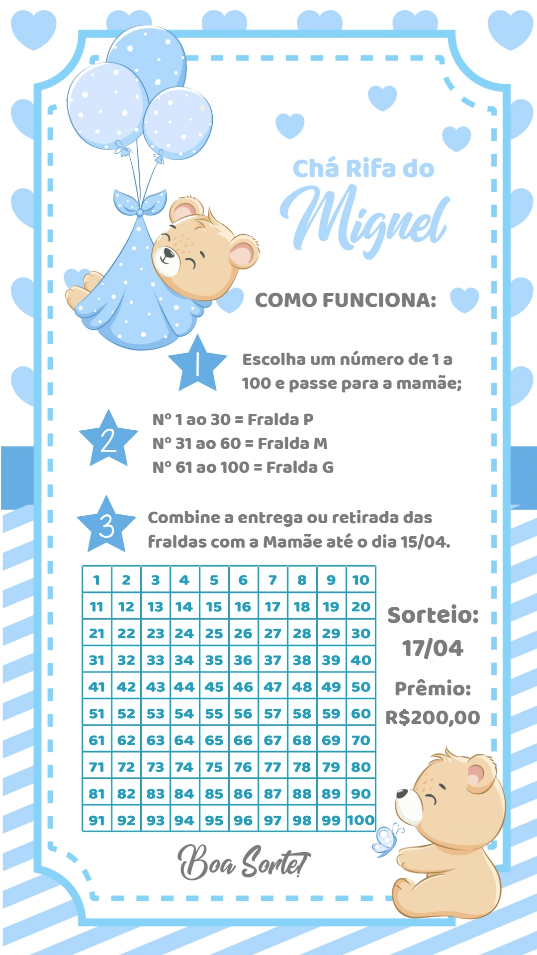 Chá Rifa Ursinho Baloeiro Azul para Editar Online e Imprimir