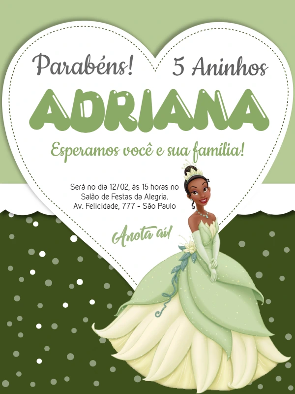 Convite de Aniversário Princesa Tiana para Editar Online