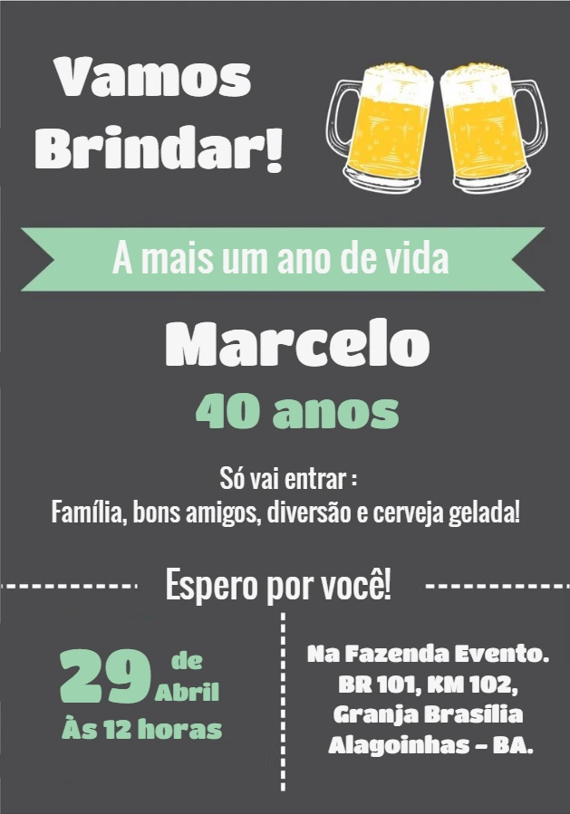 Convite Aniversário Boteco com Chopp para Editar e Imprimir