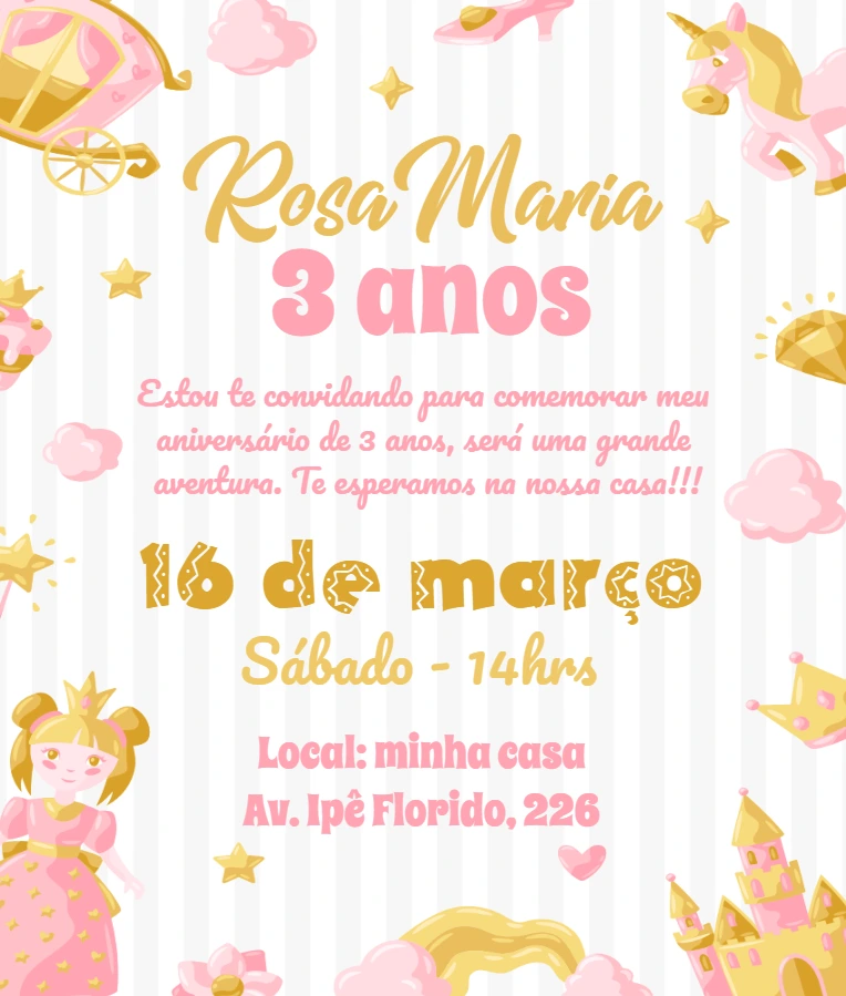Convite de Aniversário Princesa Rosa e Dourado para Editar Online