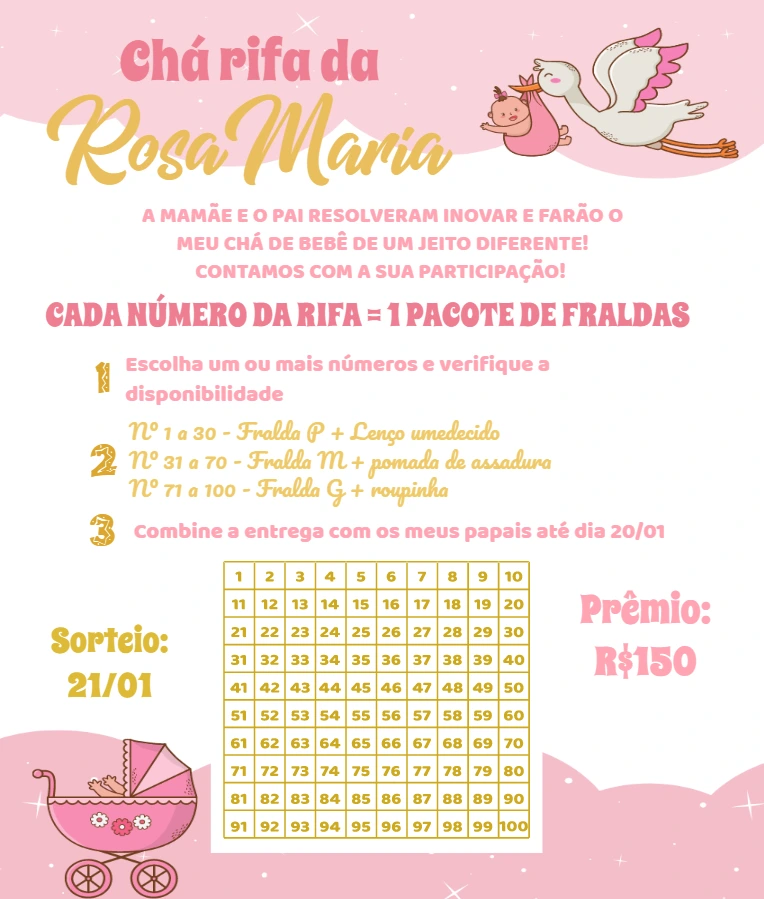 Convite Chá Rifa Cegonha Menina para Editar Online