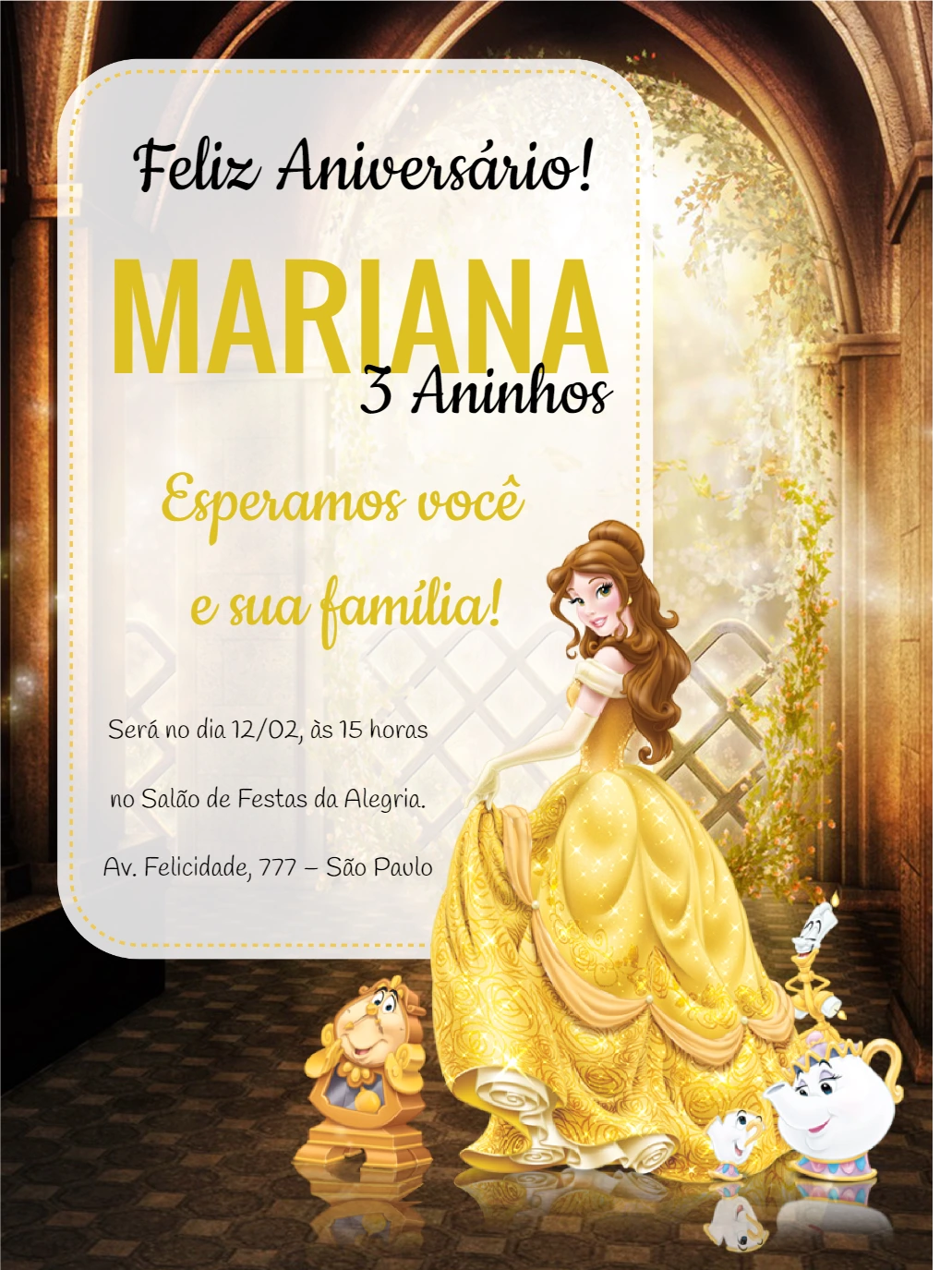 Convite de Aniversário A Bela e a Fera para Editar Online