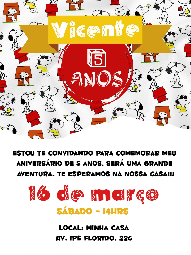 Convite de Aniversário Snoopy para Editar Online Facilmente