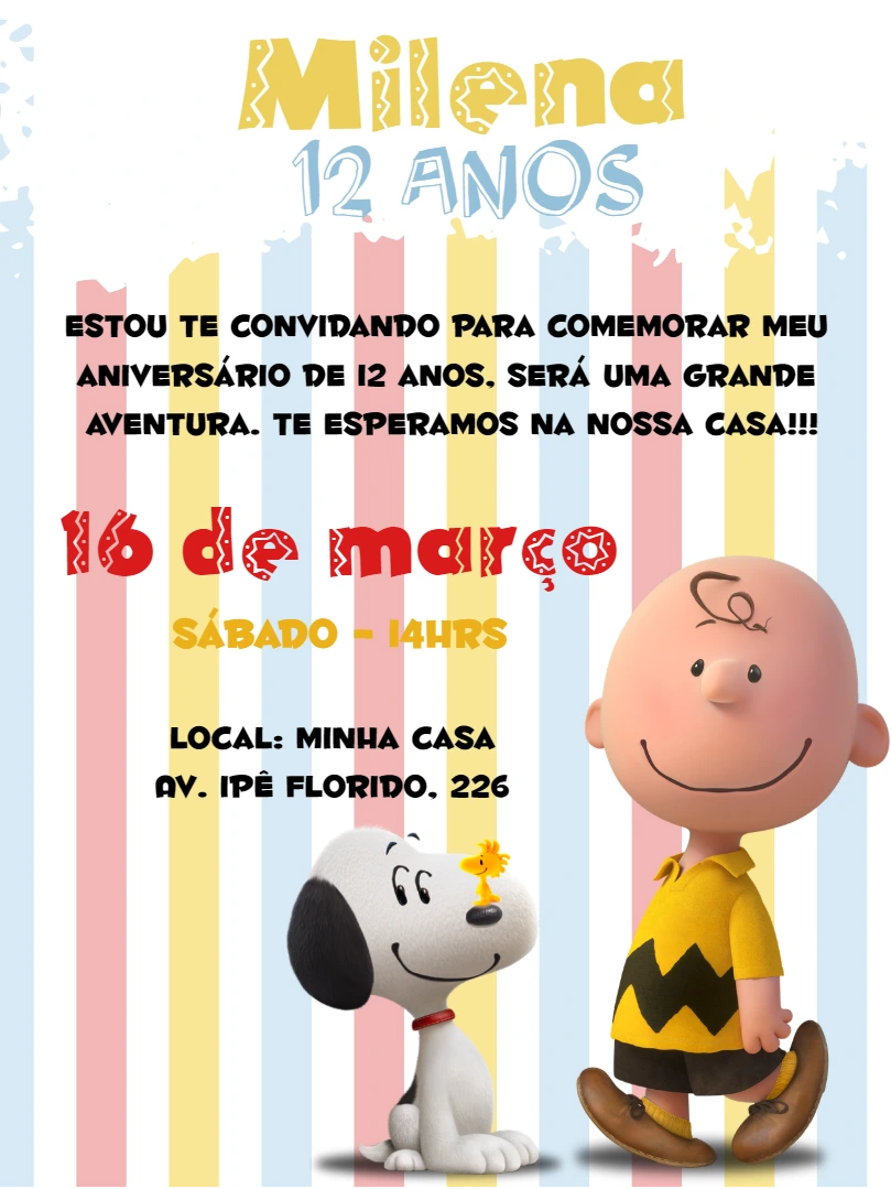 Convite de Aniversário Snoopy e Turma Peanuts para Editar