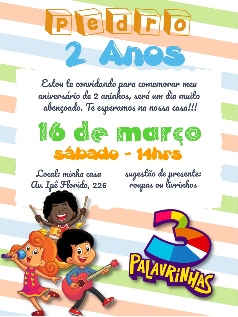 Convite de Aniversário 3 Palavrinhas Editável Online