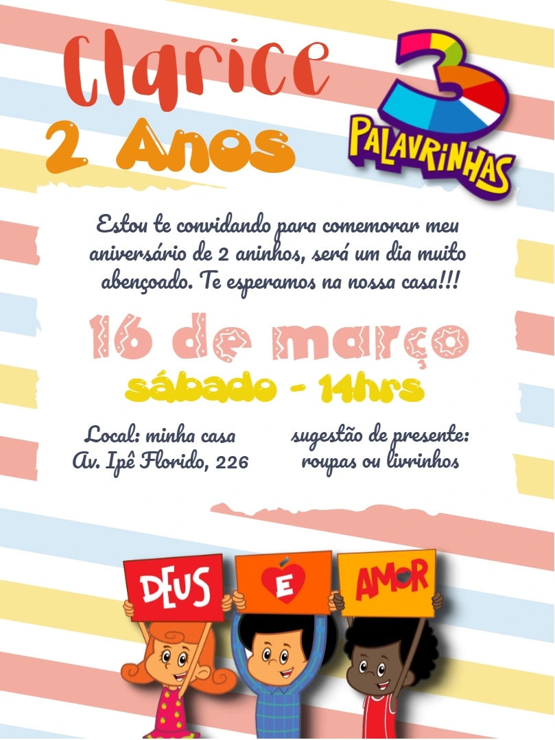 Convite Aniversário 3 Palavrinhas com Personagens para Editar