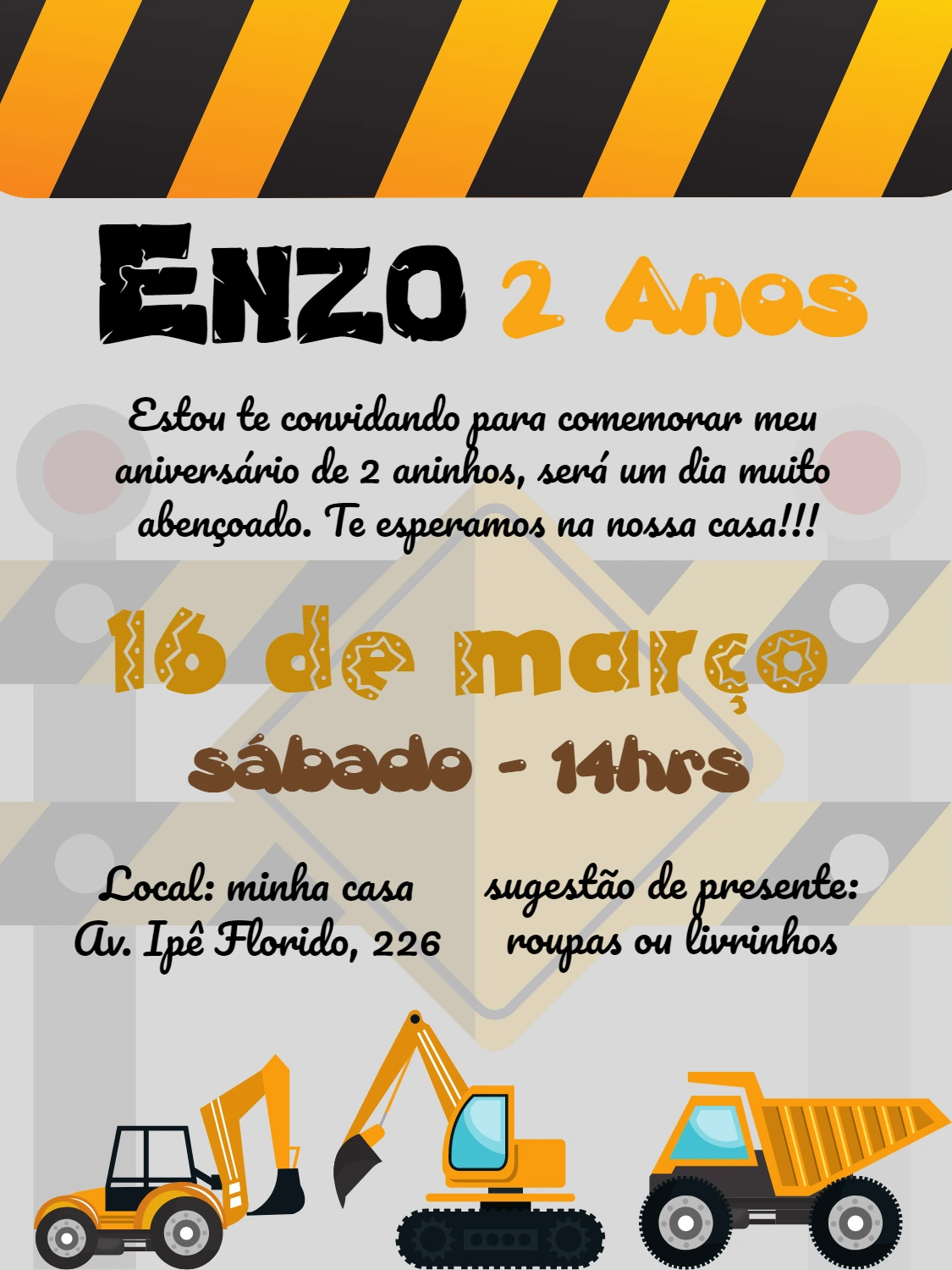Convite Aniversário Construção com Tratores para Editar Online