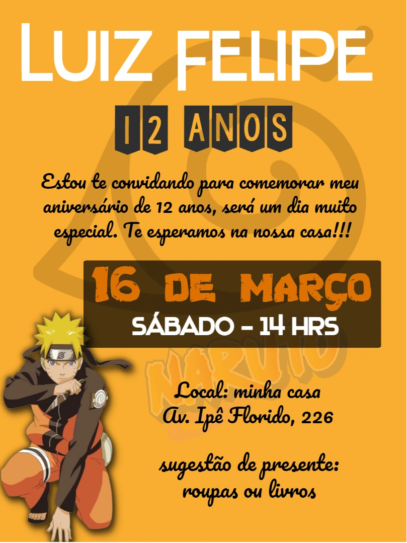 Convite de Aniversário Naruto para Editar e Imprimir Online