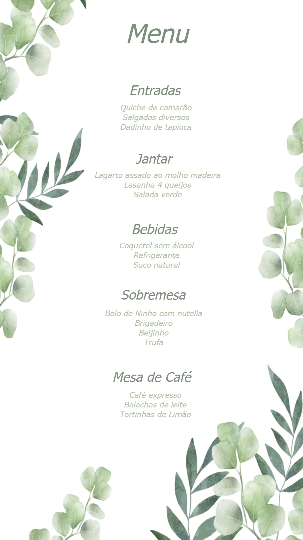 Menu de Casamento Botânico com Folhas para Editar Online