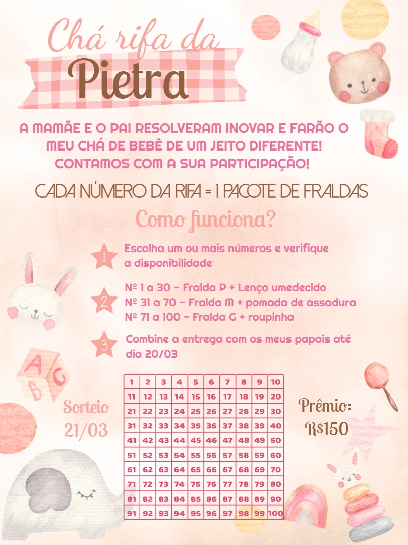 Convite Chá Rifa de Bebê com Bichinhos para Editar Online