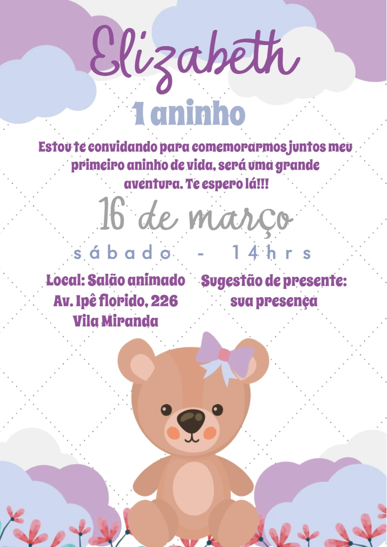 Convite Aniversário Ursinha Fofa para Editar Online