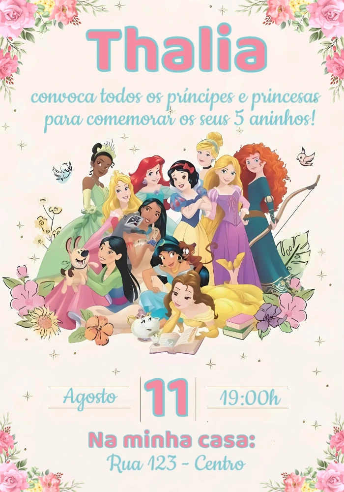Convite de Aniversário Princesas Disney para Editar Online