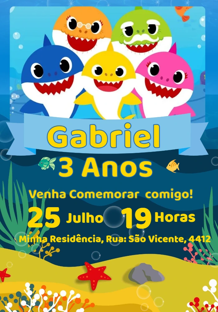 Convite de Aniversário Baby Shark com a Família Tubarão para Editar