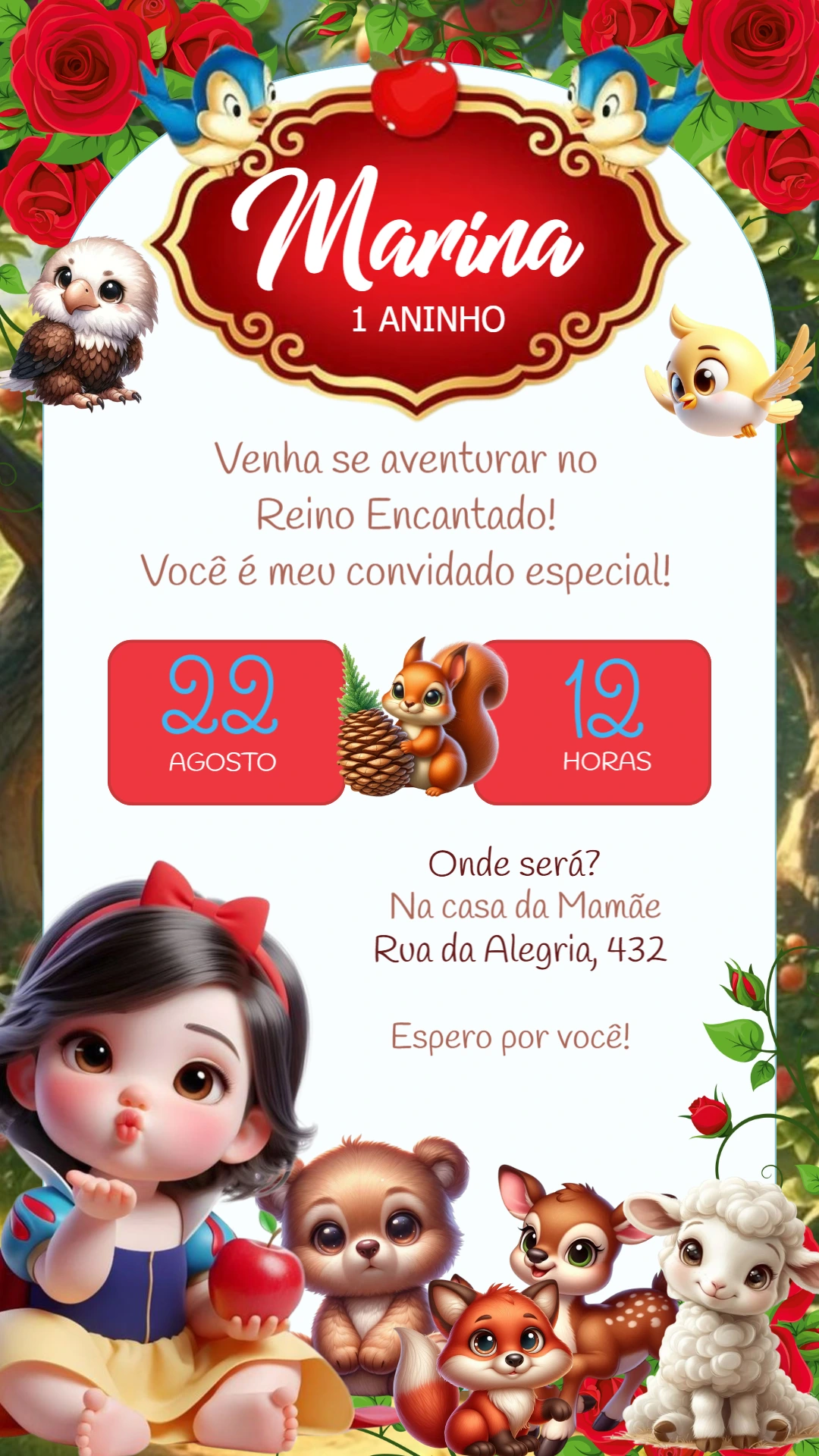 Convite Branca de Neve Baby com Animais da Floresta para Editar