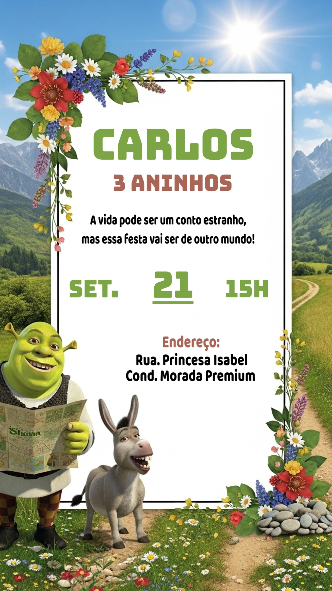 Convite de Aniversário Shrek e Burro para Editar Online