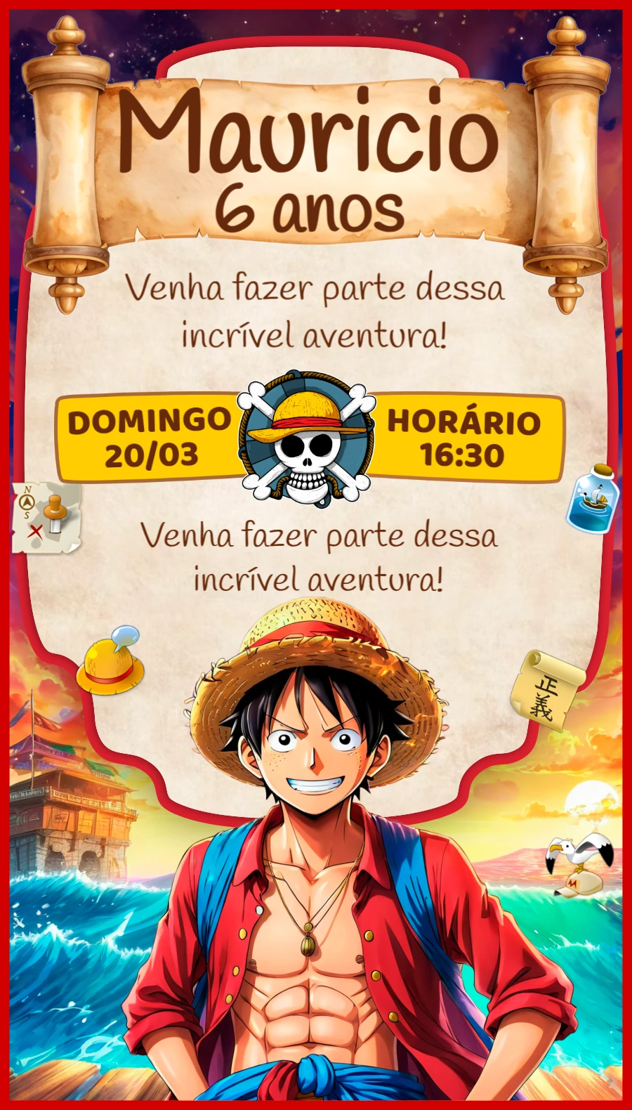 Convite de Aniversário One Piece Luffy Editável Online
