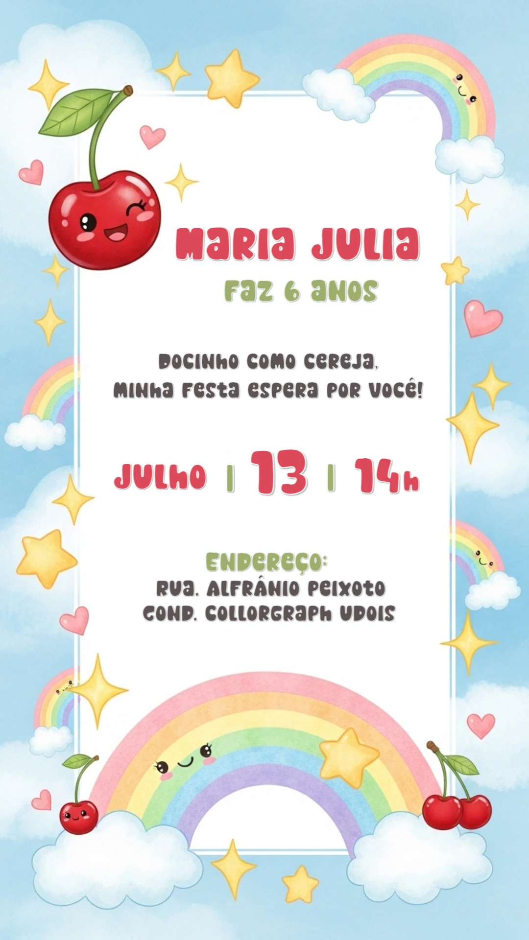 Convite de Aniversário Cereja e Arco-íris para Editar Online