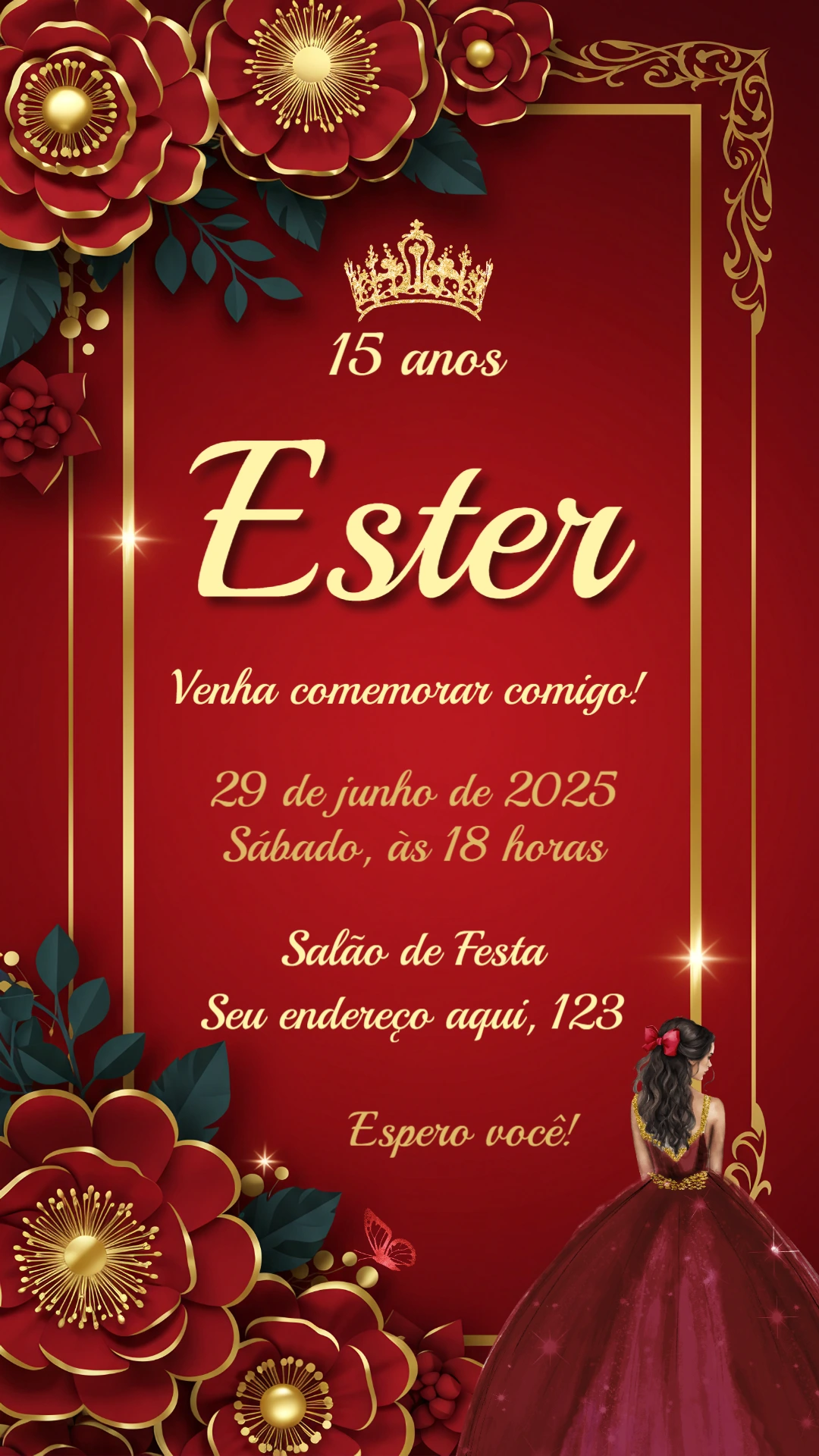 Convite 15 Anos Princesa Rosas Vermelhas para Editar Online