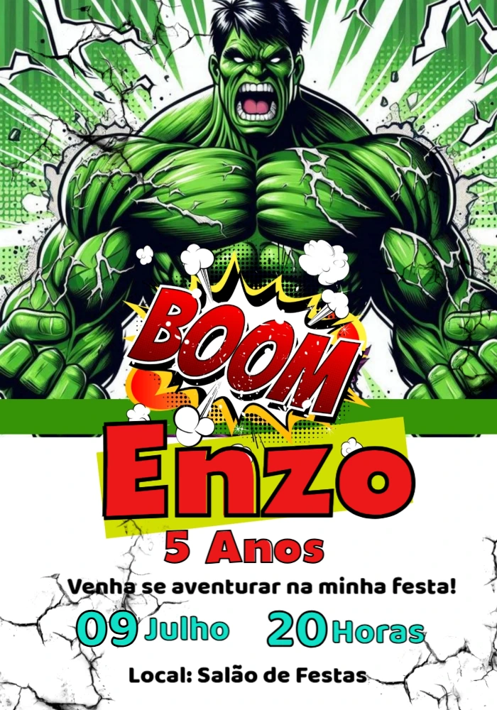 Convite de Aniversário Hulk para Editar e Imprimir Online
