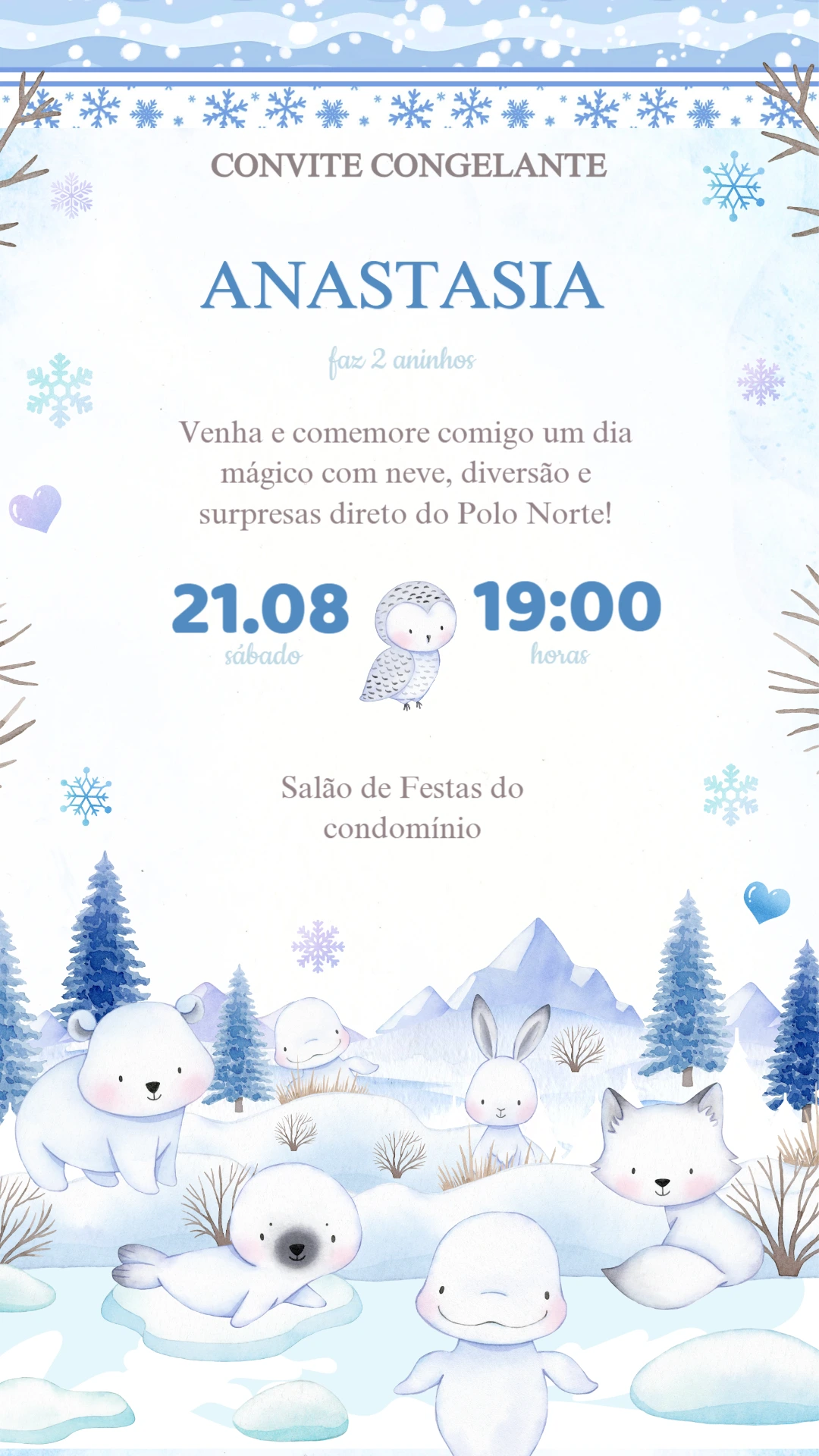 Convite Aniversário Animais do Ártico para Editar Online
