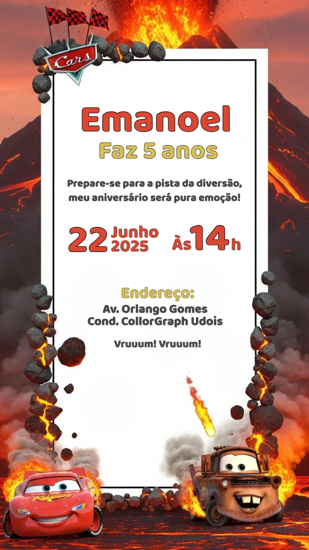 Convite de Aniversário Carros com Mcqueen para Editar Online