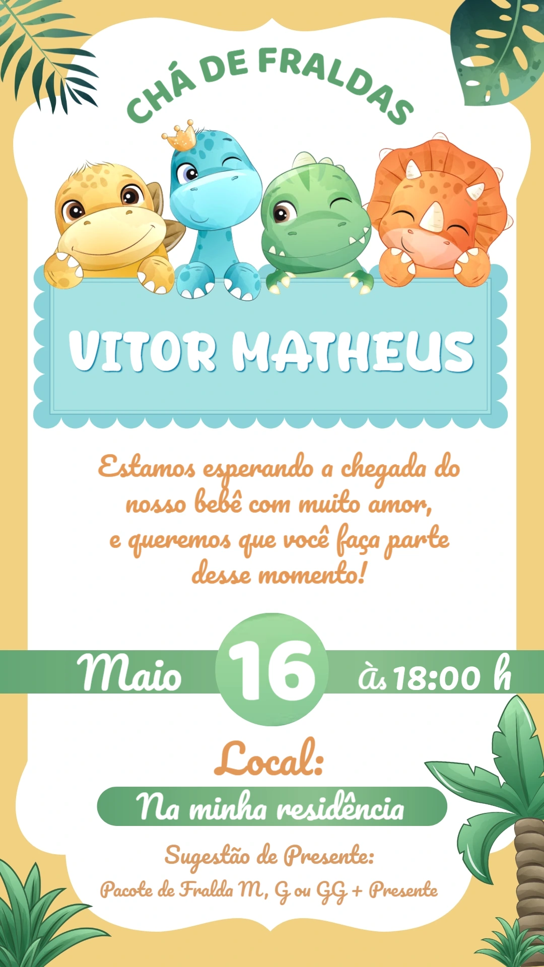 Convite Chá de Fraldas Dinossauros Bebês Fofo para Editar