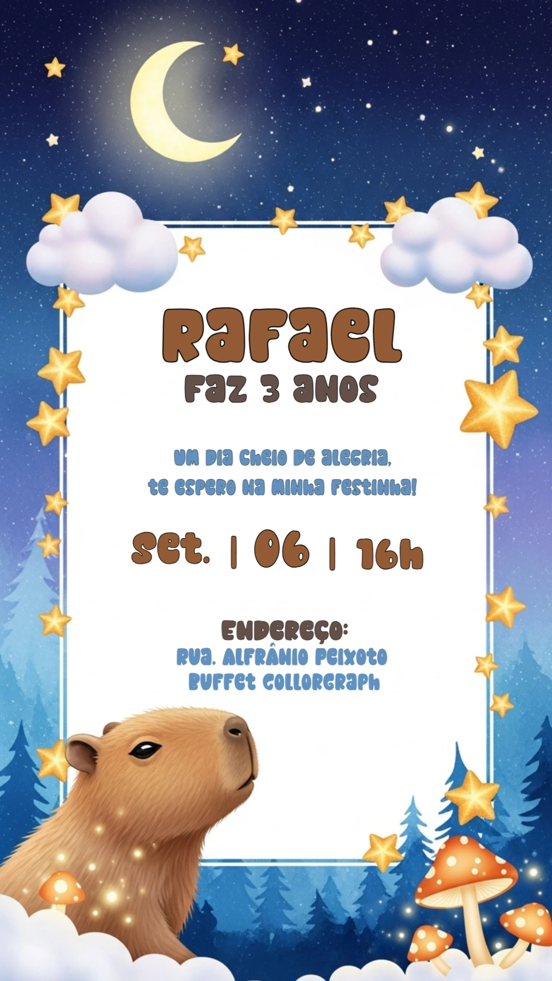 Convite Aniversário Capivara no Céu Estrelado para Editar