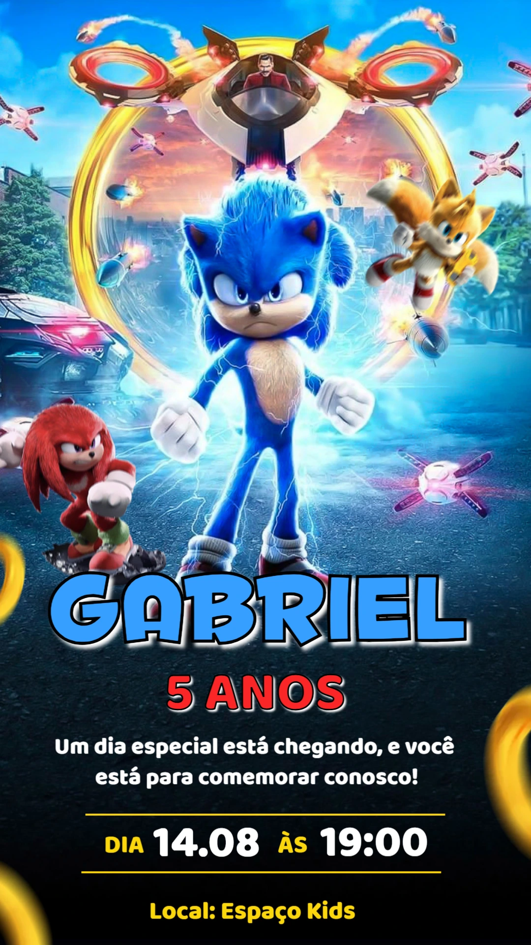 Convite Digital Aniversário Sonic 2 para Editar Online